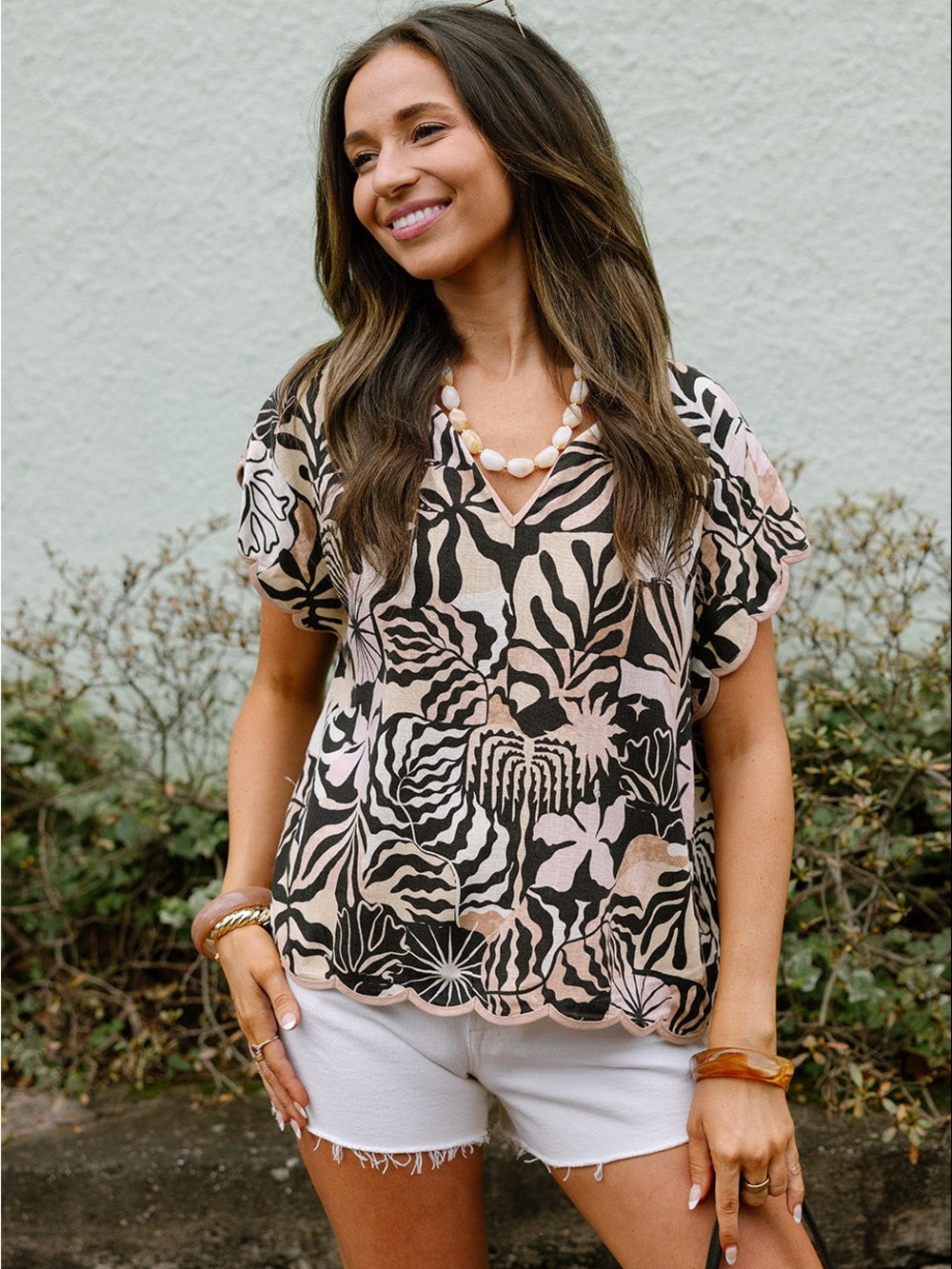 Fate Pink and Black Floral Print V-Neck Blouse